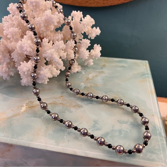24” Vintage Sterling Silver and Black Bead Necklace - Picture 2 of 5
